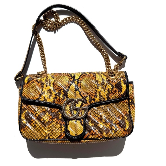 GUCCI GG Marmont Matellase Small Python Snakeskin Black Yellow Crossbody Bag - Picture 1 of 12